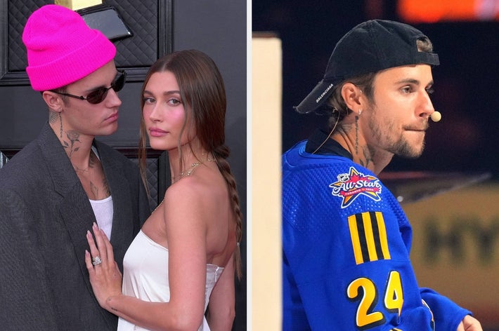 Left: Justin and Hailey Bieber on a red carpet. Right: Justin at a sports event