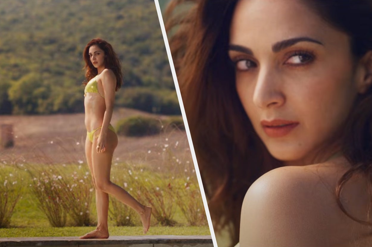 Woman in a swimsuit posing outdoors; close-up of her face with intense gaze. Text with hashtags discusses the actress and a film sequel