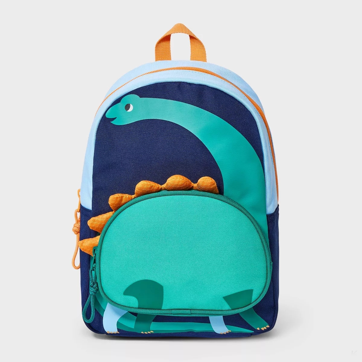 Children's backpack with a dinosaur design featuring a large green dinosaur with an orange spine on a dark background