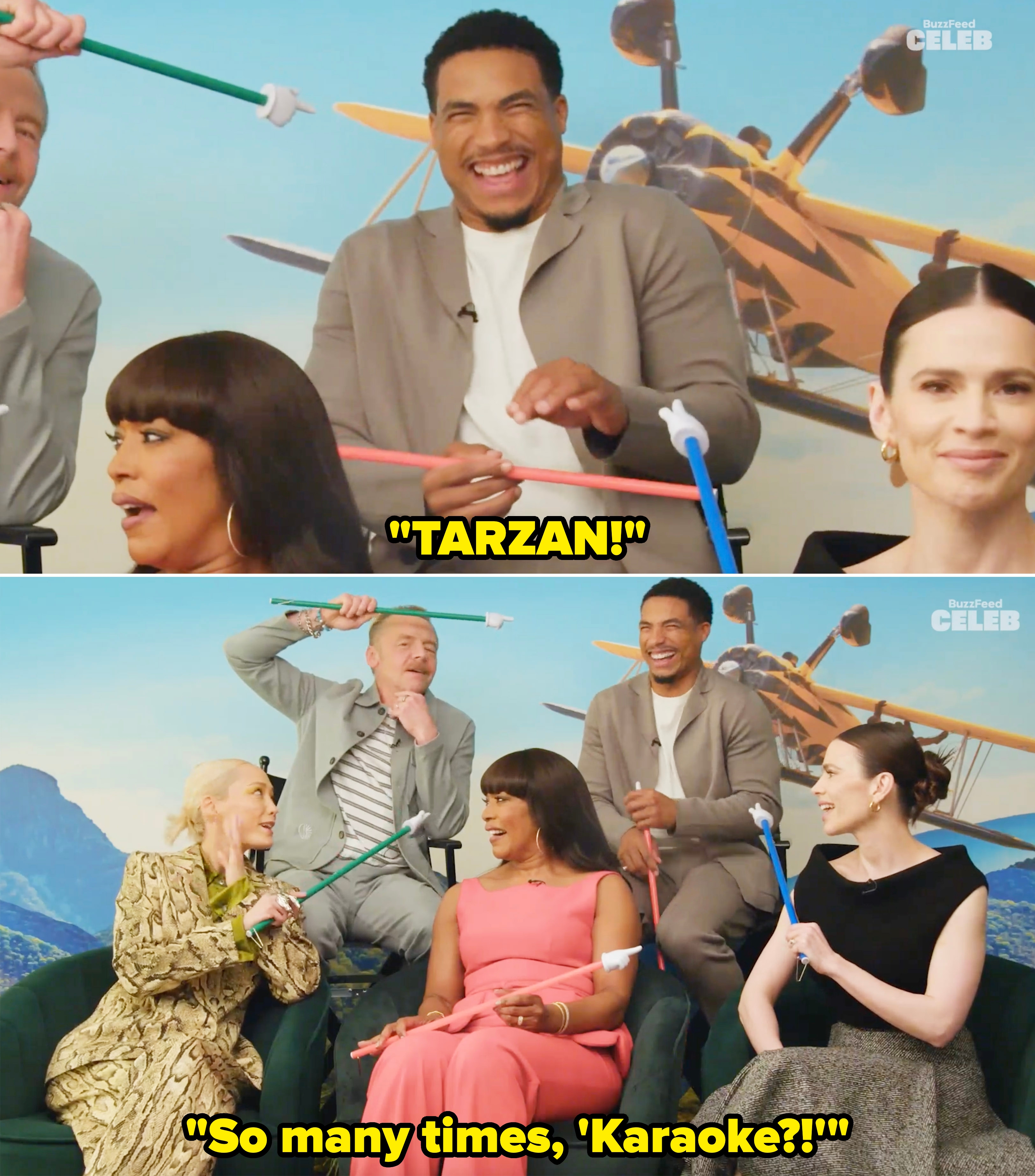 Tarzan laughing as the rest of the cast points at him
