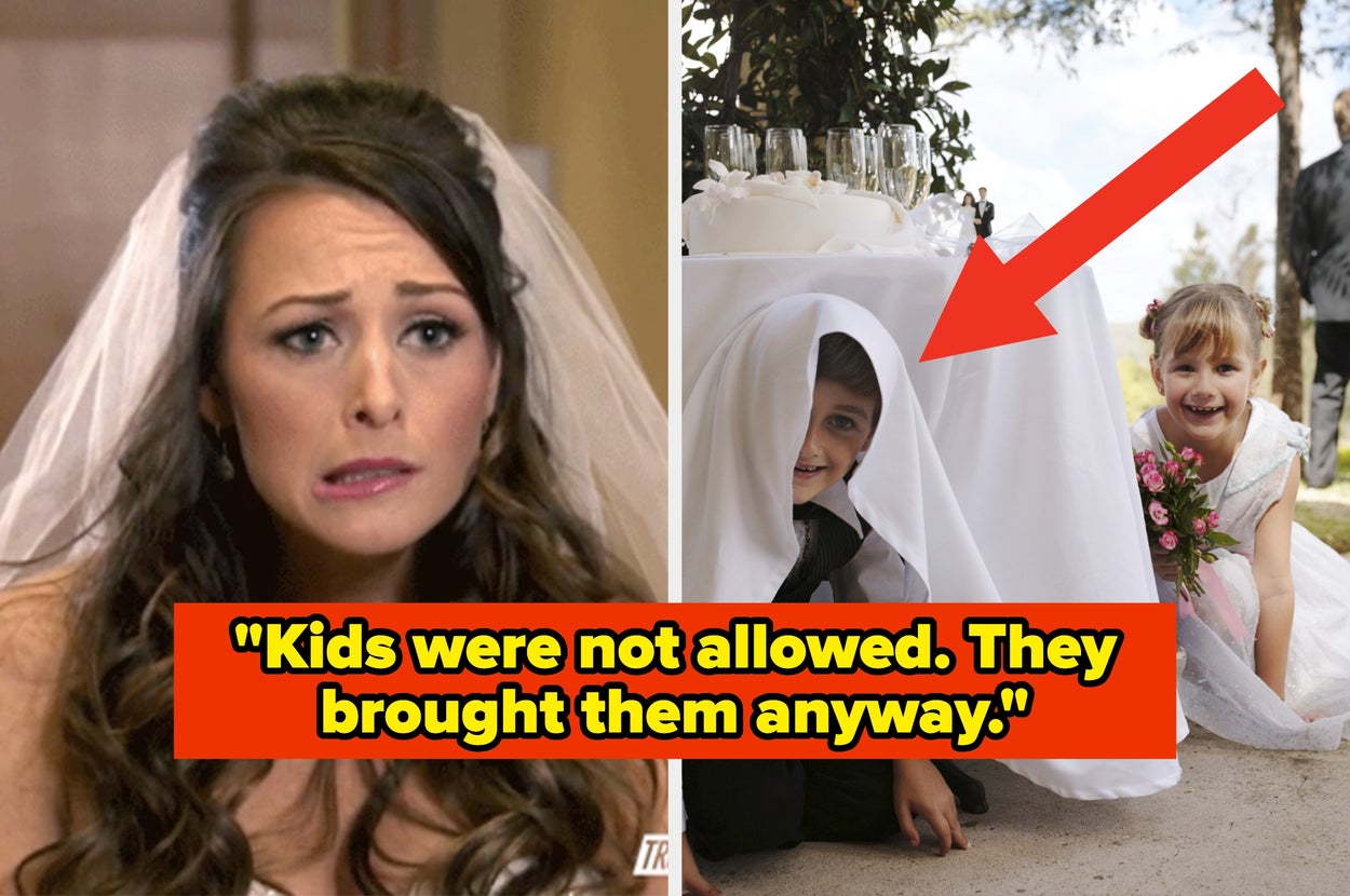 A confused bride next to two young children playfully hide under a tablecloth at a formal event; a caption humorously notes, "Kids were not allowed; they brought them anyway"