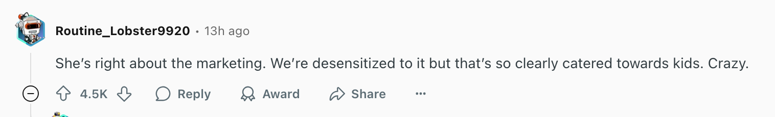 Comment discussing marketing being catered towards kids and how people have become desensitized to it