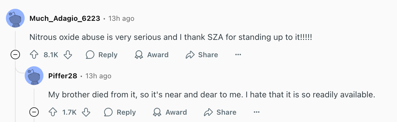Online discussion about nitrous oxide abuse, with users expressing concern and gratitude for SZA's advocacy against it