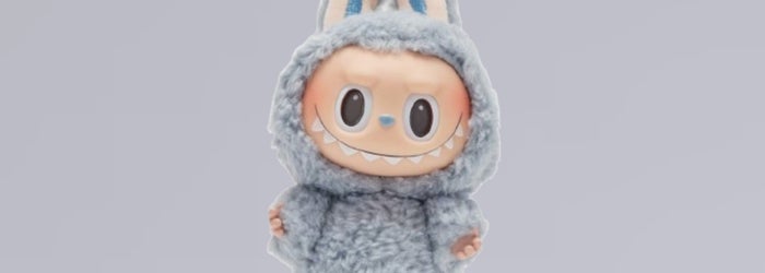A cute doll wearing a plush costume with bunny ears and a mischievous smile