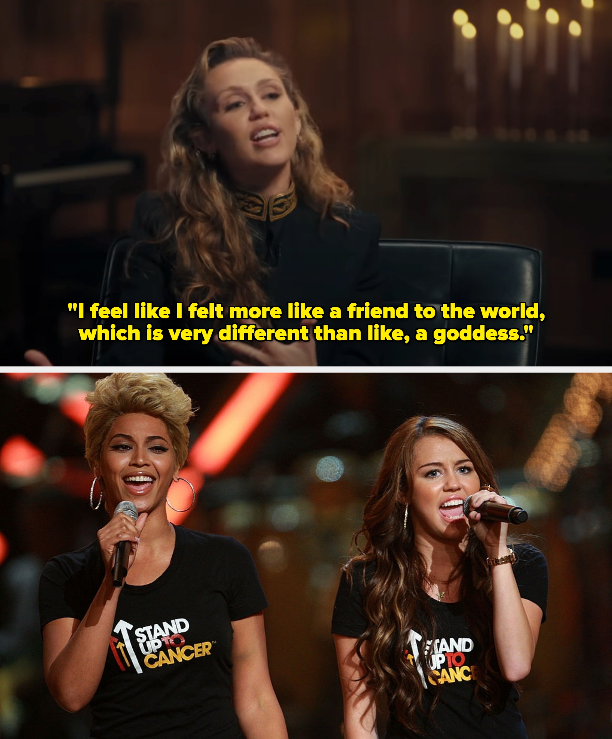 Two performers sing at a charity event, wearing "Stand Up to Cancer" shirts