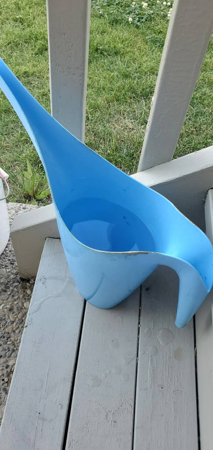 Blue watering can filled with water on a wooden porch, with grass visible in the background