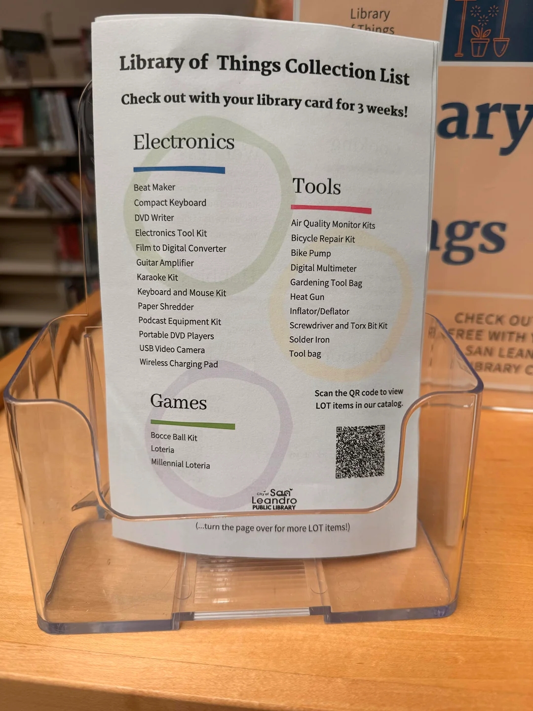 Library of Things Collection List includes electronics like a beat maker and tools like an air quality monitor kit. Loan for 3 weeks with library card