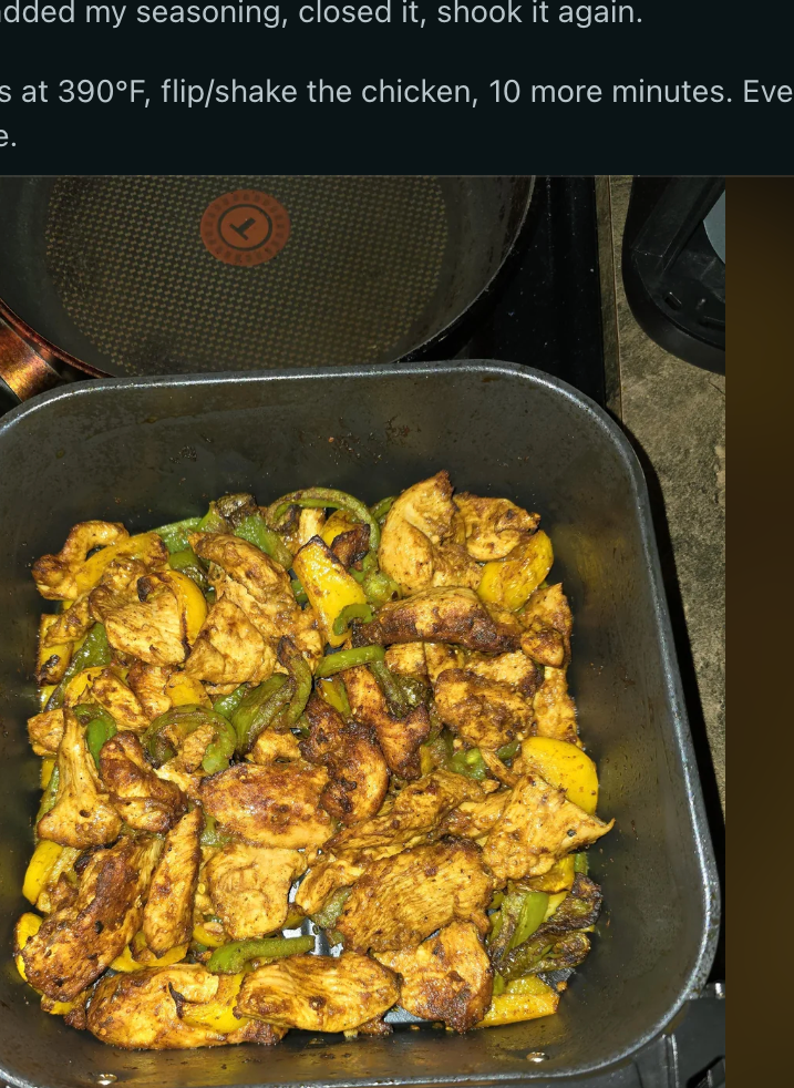 Recipe text: Instructions for cooking chicken and bell peppers in an air fryer, cooked at 380°F for 15 minutes, with an emphasis on shaking halfway through