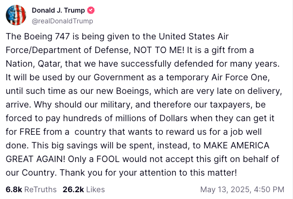 Social media post by Donald J. Trump discussing a Boeing 747 gift from Qatar to the U.S. military, with emphasis on financial and patriotic benefits