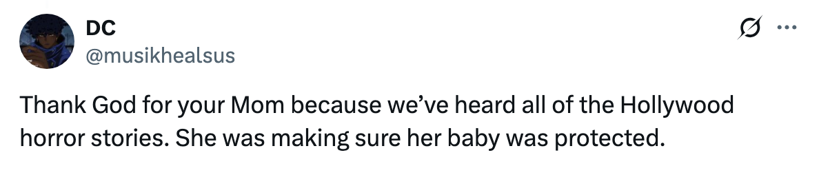Tweet about gratitude for a protective mother amidst Hollywood challenges