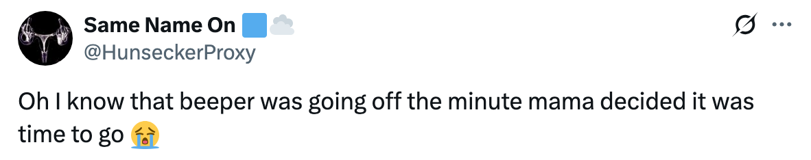 Tweet saying a beeper signaled it was time to leave, with a crying emoji