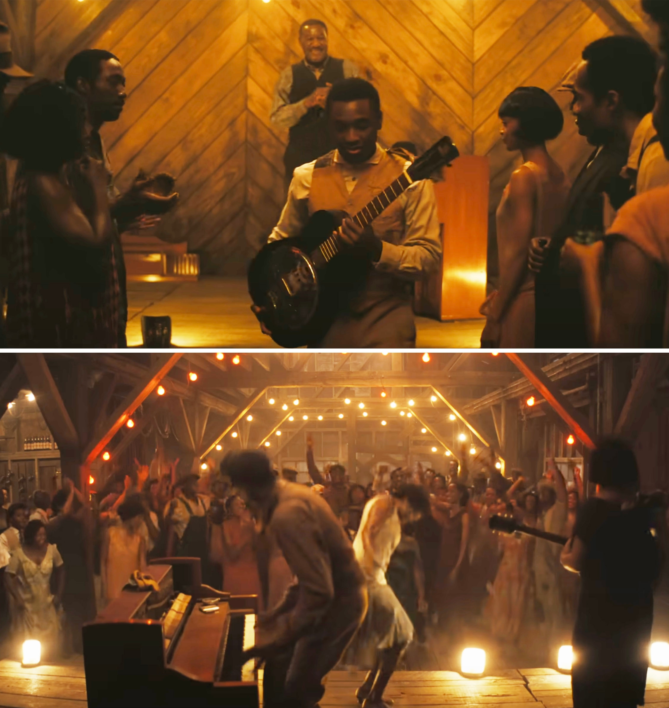 A lively barn dance scene with musicians playing guitar and piano surrounded by dancing guests