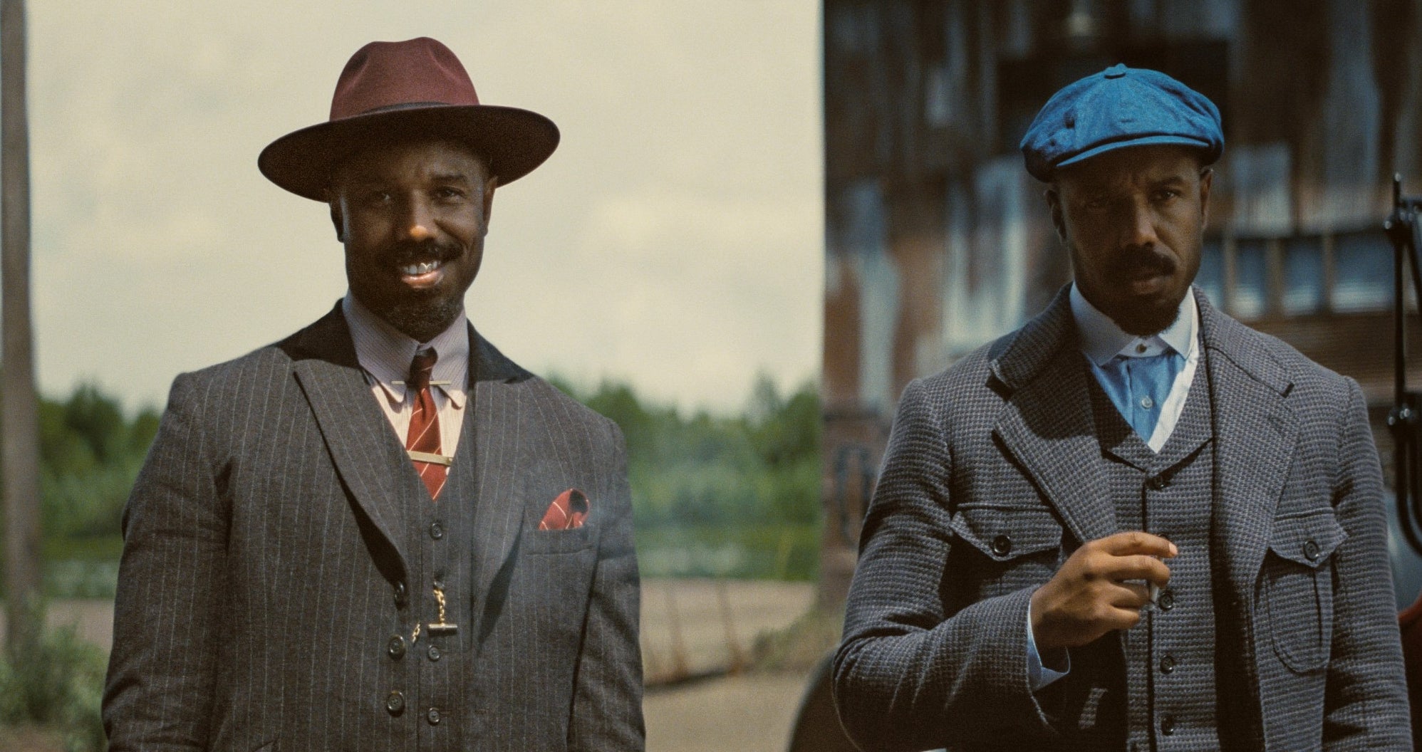 Side-by-sides of Stack in a three piece suit and fedora vs. Smoke in a three piece suit and newsboy cap