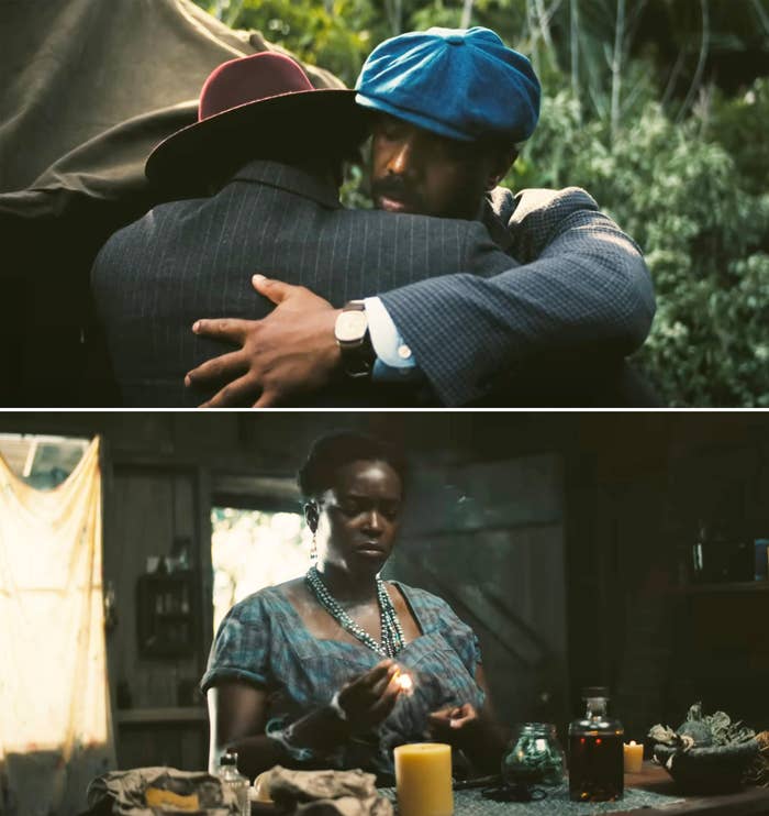 Close-ups of Smoke wearing a bluish  chapeau  and a bluish  suit   vs. Annie successful  a bluish  dress