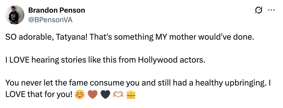 Tweet praising Tatyana for maintaining humility and sharing relatable stories, with emojis showing affection and admiration