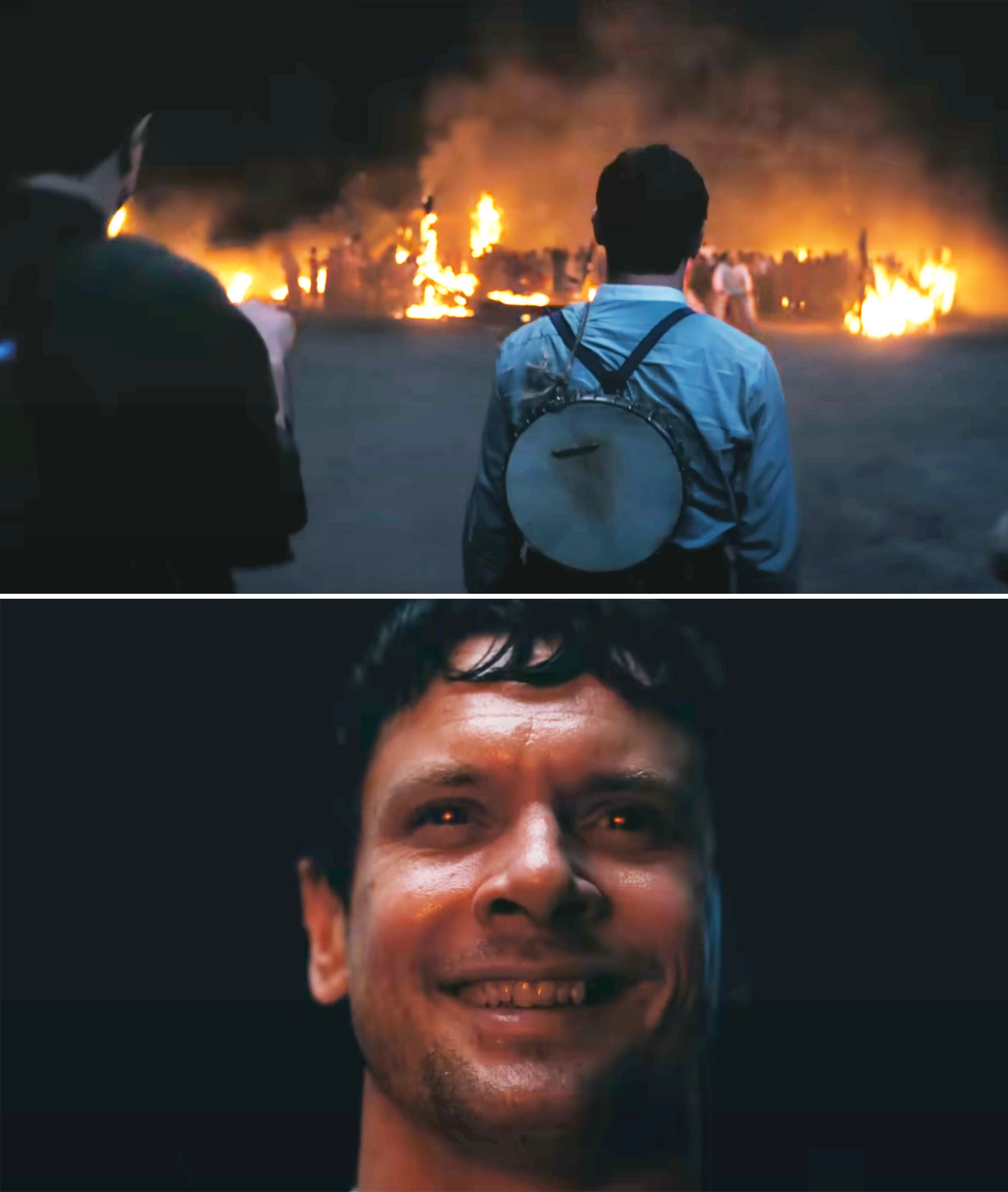 Remmick standing with his banjo watching the juke joint burn. The second photo shows him smiling