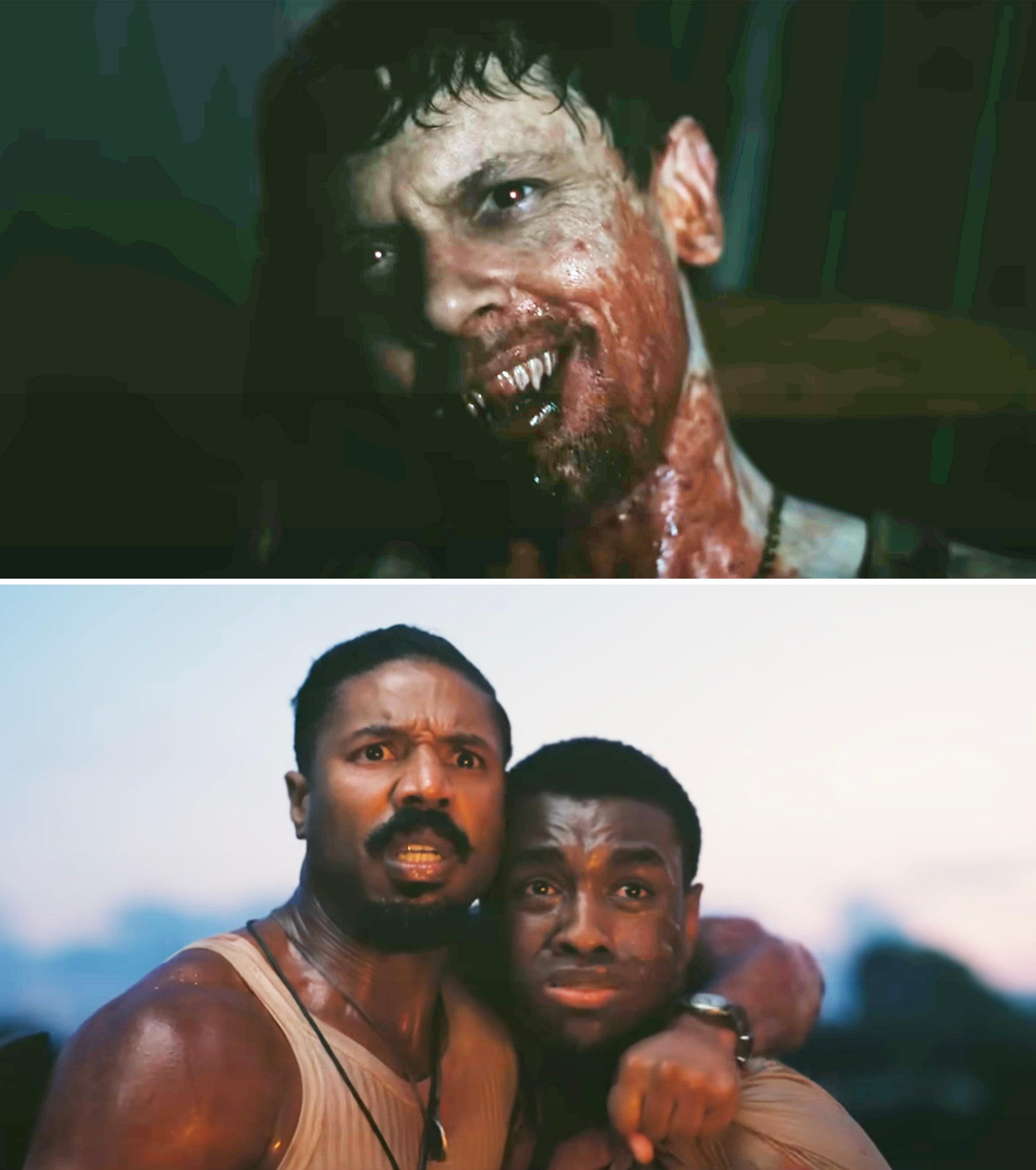 Close-up of Remmick's face all bloody and showing his fangs vs. Smoke and Sammie looking frightened