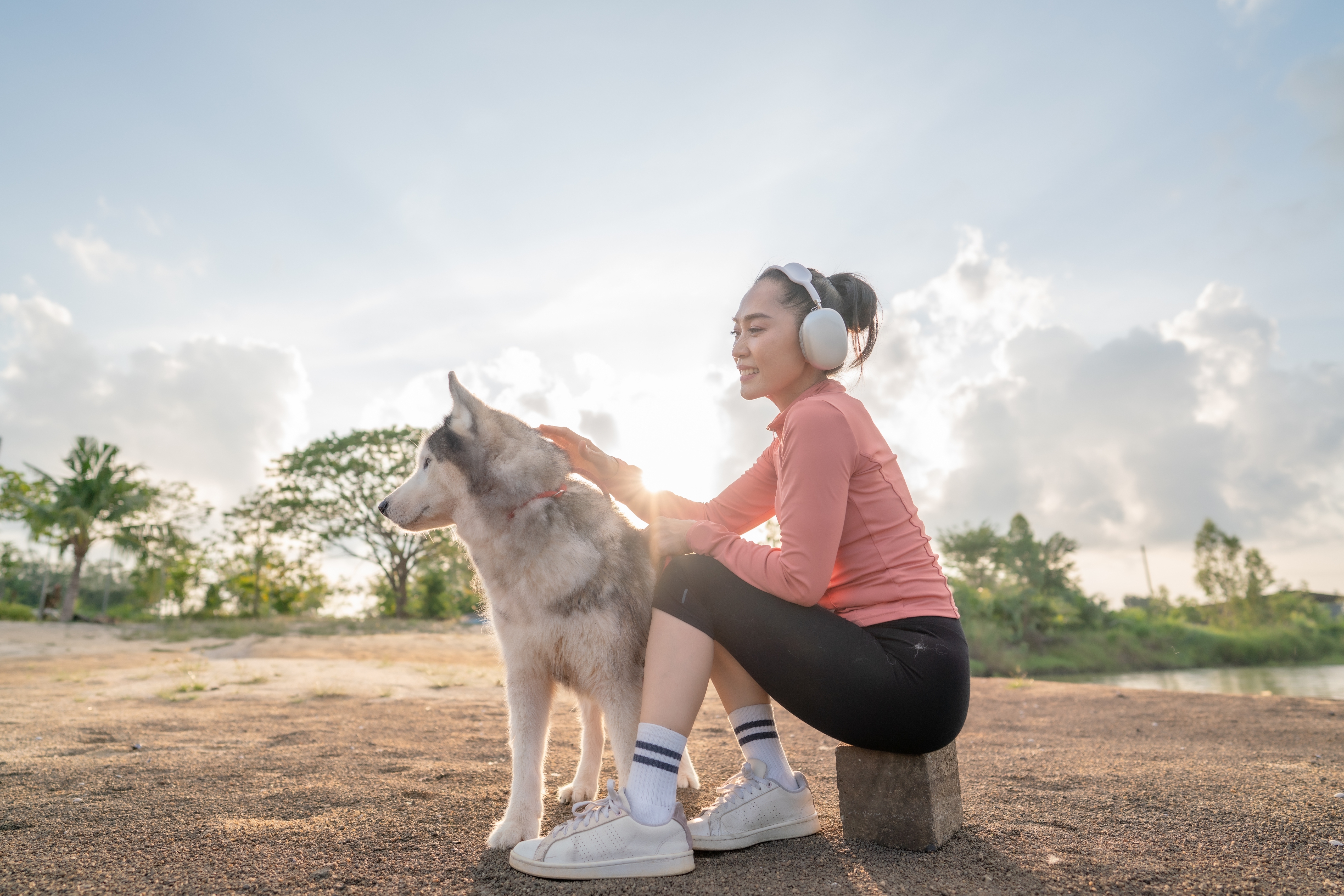 A person wearing headphones sits on a block outdoors, petting a Husky. The scene appears calm and peaceful