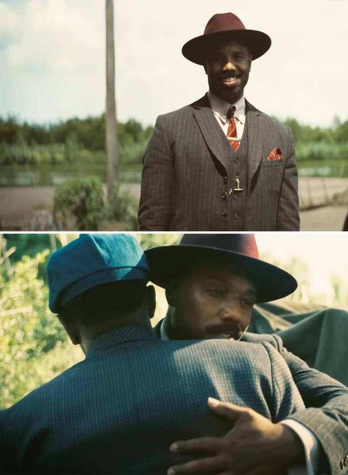 Close-ups of Stack successful  a reddish  chapeau  and reddish  suit