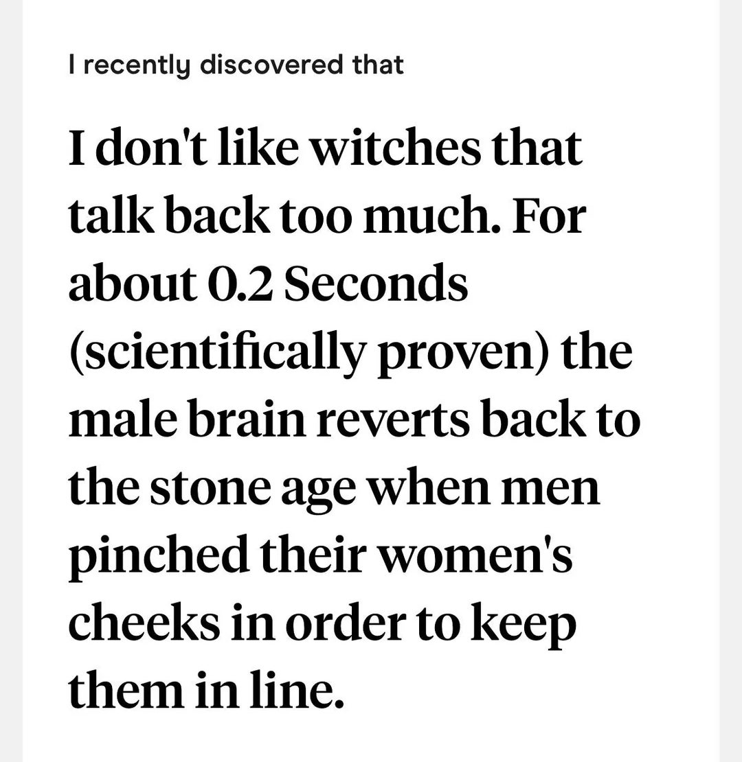 Text meme expressing dislike for talkative witches, humorously linking short male attention spans to historical gender stereotypes
