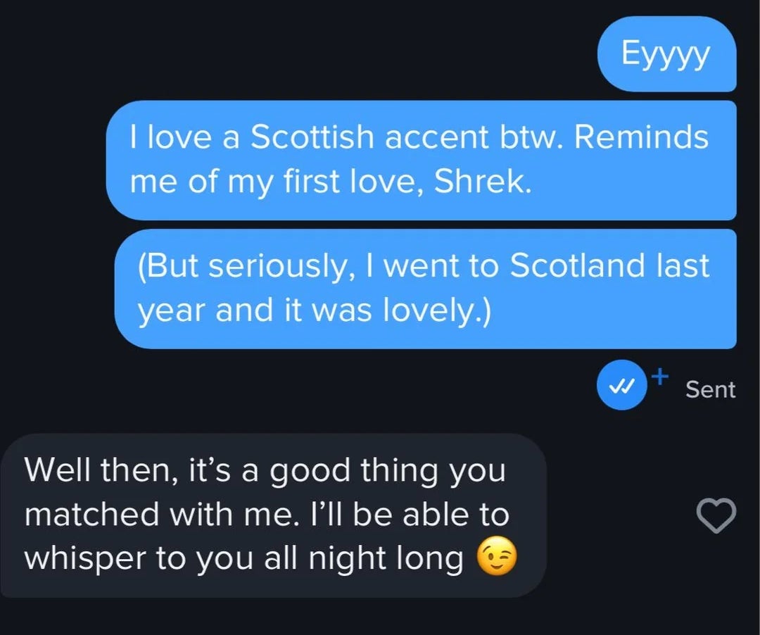 Chat exchange with playful banter about accents and Scotland, concluding with a flirty remark