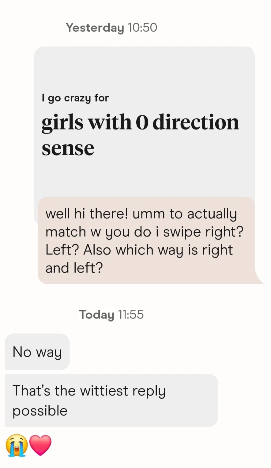 Text conversation: A person jokes about their lack of direction sense, leading to a humorous reply from the other person