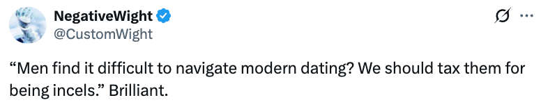 Tweet by @CustomWight: "Men find it difficult to navigate modern dating? We should tax them for being incels.” Brilliant