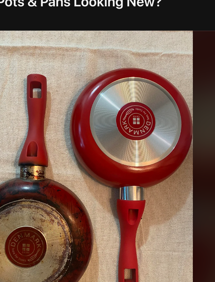 Reddit post titled "How Can I Keep My Pots & Pans Looking New?" featuring an image of two red frying pans, one smaller, stacked on a table
