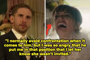 Split image: Left, a concerned man in formal wear. Right, a distressed woman in a wedding dress with an emotional outburst