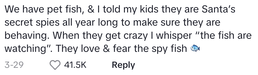 Social media post about convincing kids that pet fish are Santa's spies to ensure they behave well throughout the year
