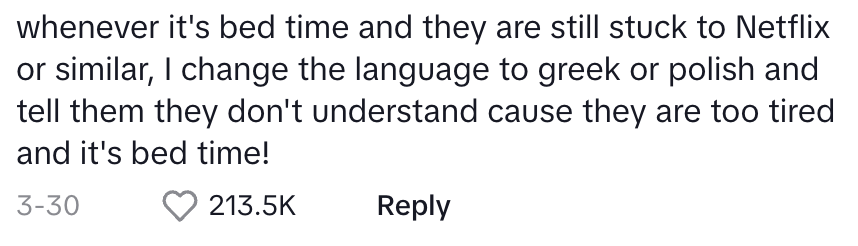 Text describes a parenting strategy: changing the language on Netflix to Greek or Polish to encourage kids to go to bed