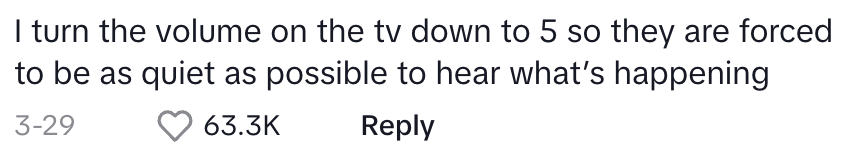i turn the volume on the tv down to 5 so they are forced to be as quiet as possible to hear what's happening