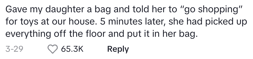 A parent describes how giving a bag to their daughter led her to clean up toys, treating it like a shopping game