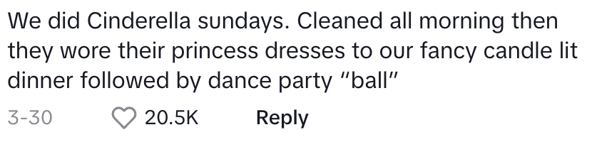 Social media post about a &quot;Cinderella Sunday&quot; involving cleaning, dress-up, a candlelit dinner, and a dance party