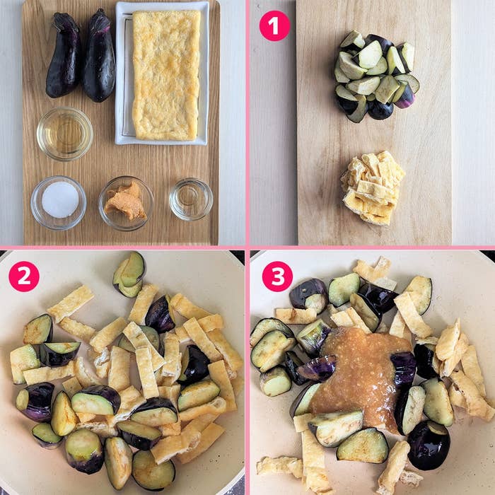 カットされたなすと油揚げを使った料理手順。食材準備から調理までのステップを示す。