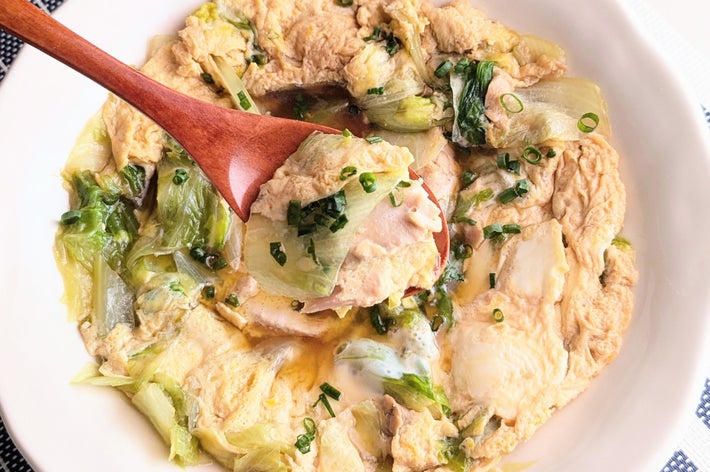 白い皿に盛られた中華風の煮込み料理。鶏肉、青菜、ネギが入っている。木のスプーンが添えられている。