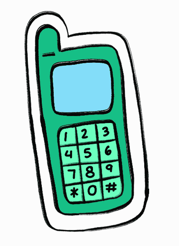 Cartoon depiction of a classic mobile phone with a large keypad and antenna