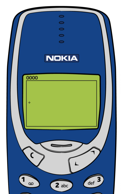 Illustration of a classic Nokia 3310 mobile phone, displaying a green screen and numeric keypad