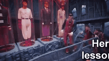 A person in a striped suit and sunglasses dances on a futuristic ship deck with mannequin-like figures in the background. Text: "Here's lesson…"