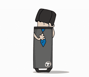 Animated stick figure in a suit reveals a shocked expression, spins, hides face with a briefcase, then repeats the action