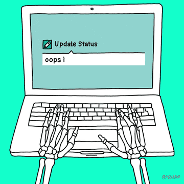 Skeleton hands typing "oops i" as a status update on a laptop