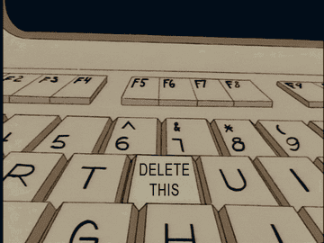 Animated keyboard typing "DELETE THIS" on a moving key