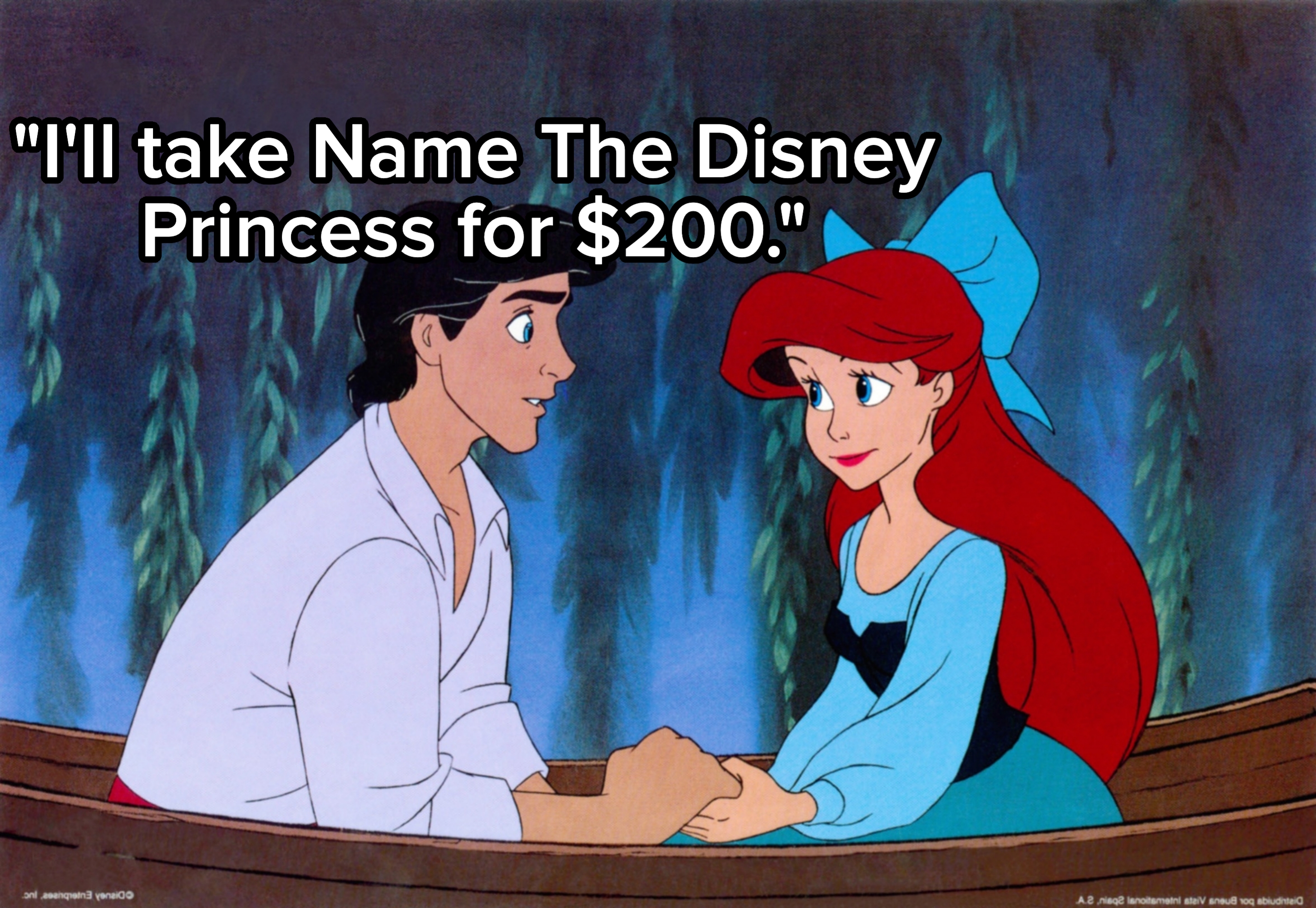 Animated characters sitting in a boat, gazing at each other. One has long red hair with a blue bow, and the other has short dark hair