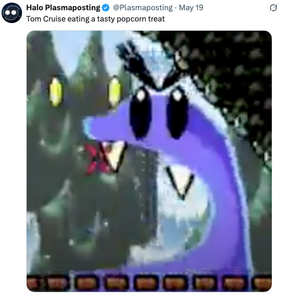 Pixelated character with big eyes and a surprised expression in a forest-like background