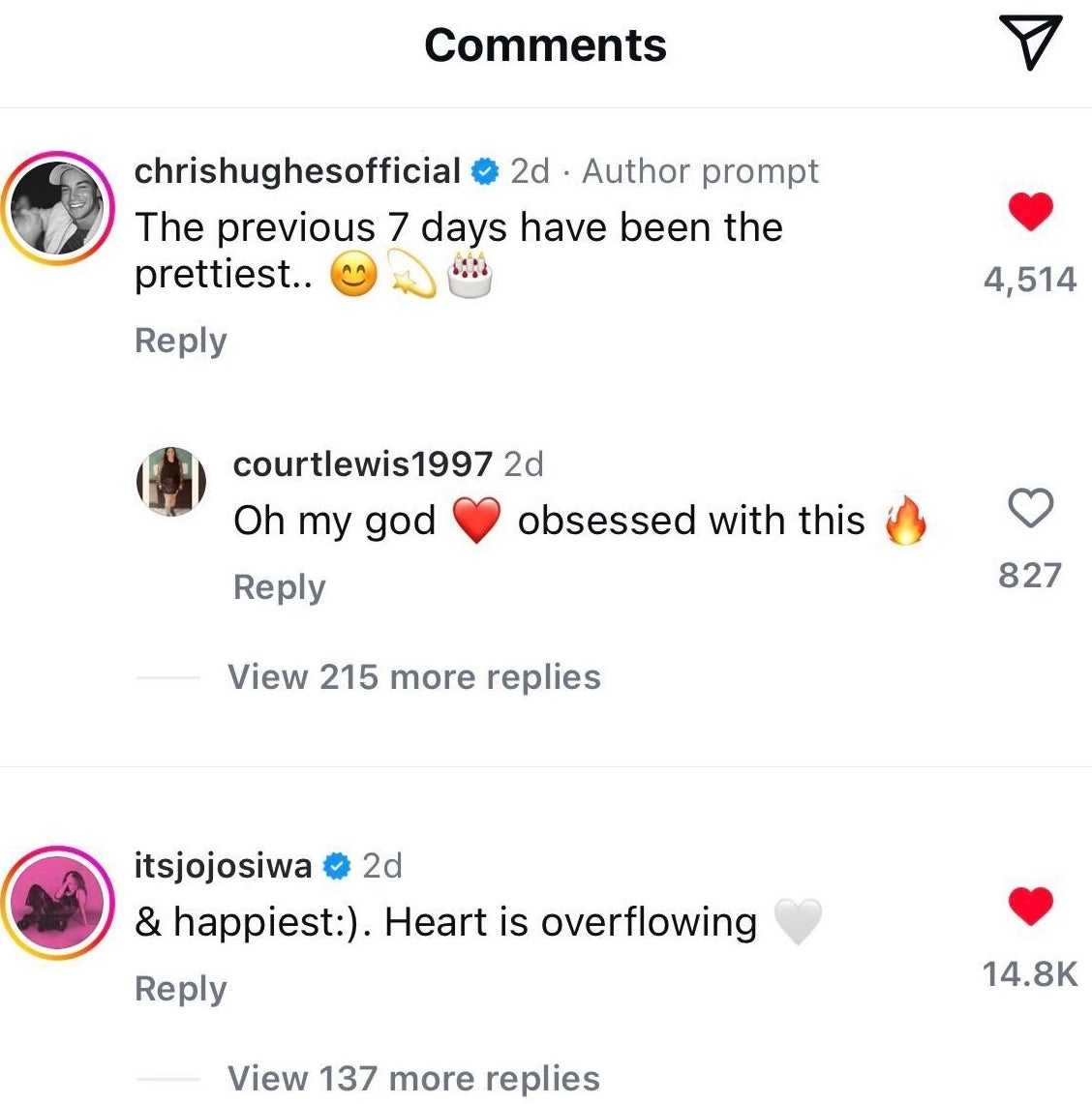 Instagram comments with emoji: Chris Hughes mentions the past week as the prettiest, JoJo Siwa expresses overflowing happiness
