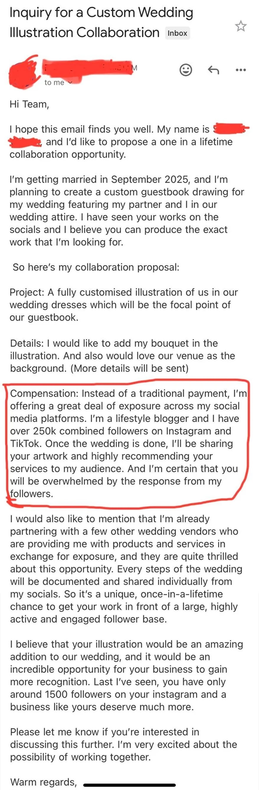 Email proposing a collaboration for a wedding illustration. Compensation includes future referrals, a great portfolio piece, and social media promotion