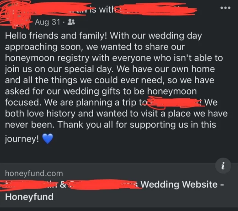 Facebook post about sharing a honeymoon registry for those unable to attend the wedding. The couple plans to visit a historical place