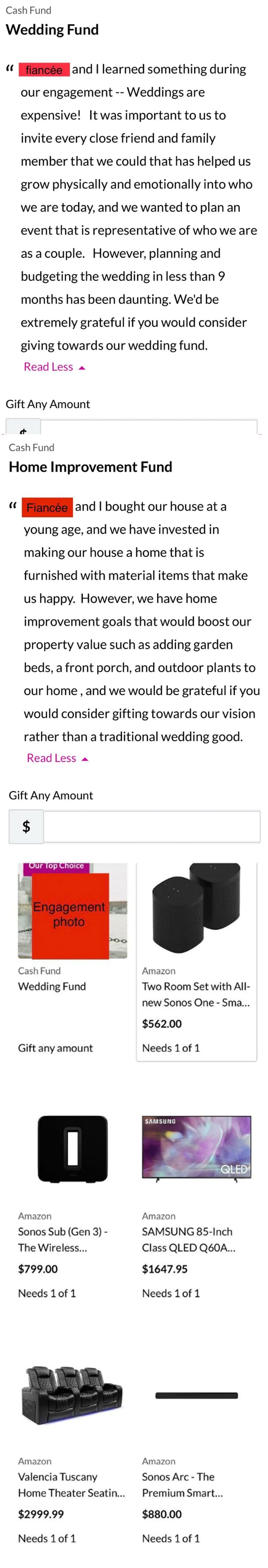 Summary of image: A couple seeks contributions for a wedding fund. They're also open to gift suggestions. Items like speakers and headphones are highlighted