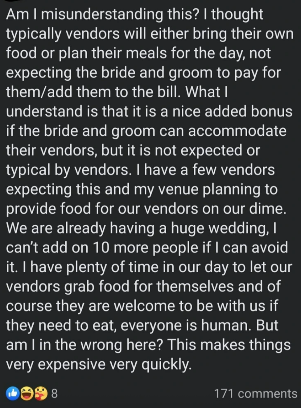 A person questions the expectations of vendors providing their own meals at events, expressing concern over rising costs for accommodating them
