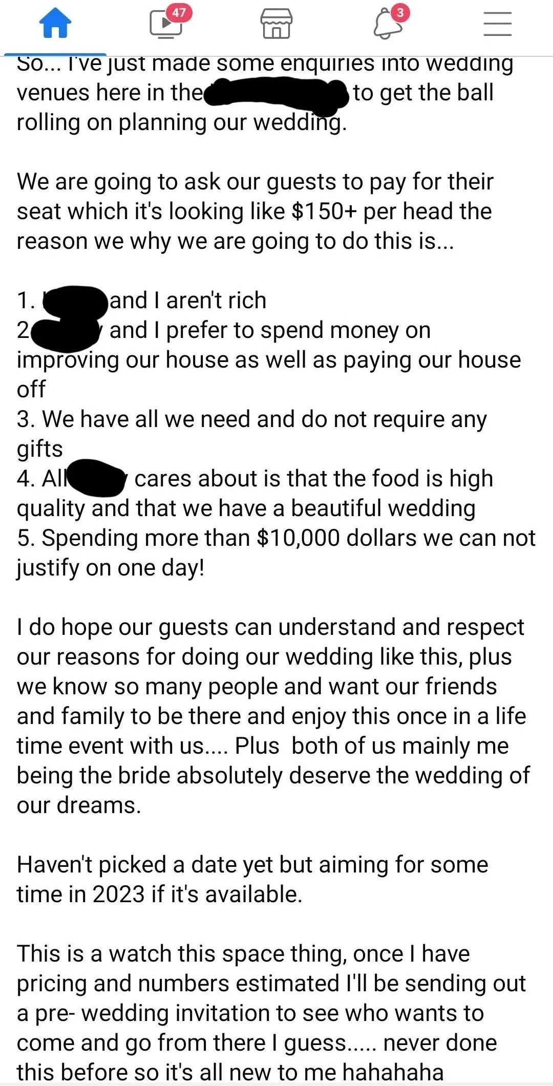 The image is a social media post discussing the decision to ask wedding guests to pay for their meals to manage wedding costs effectively